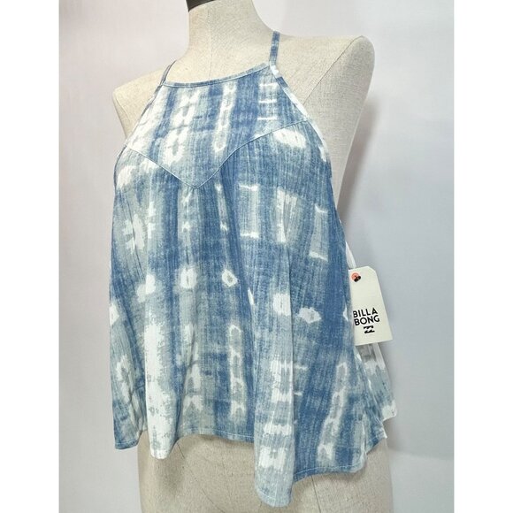 BILLABONG Majestic Seas Crop Tank Top Sz L Blue White Tie Dye Crossback Rayon - Picture 2 of 7
